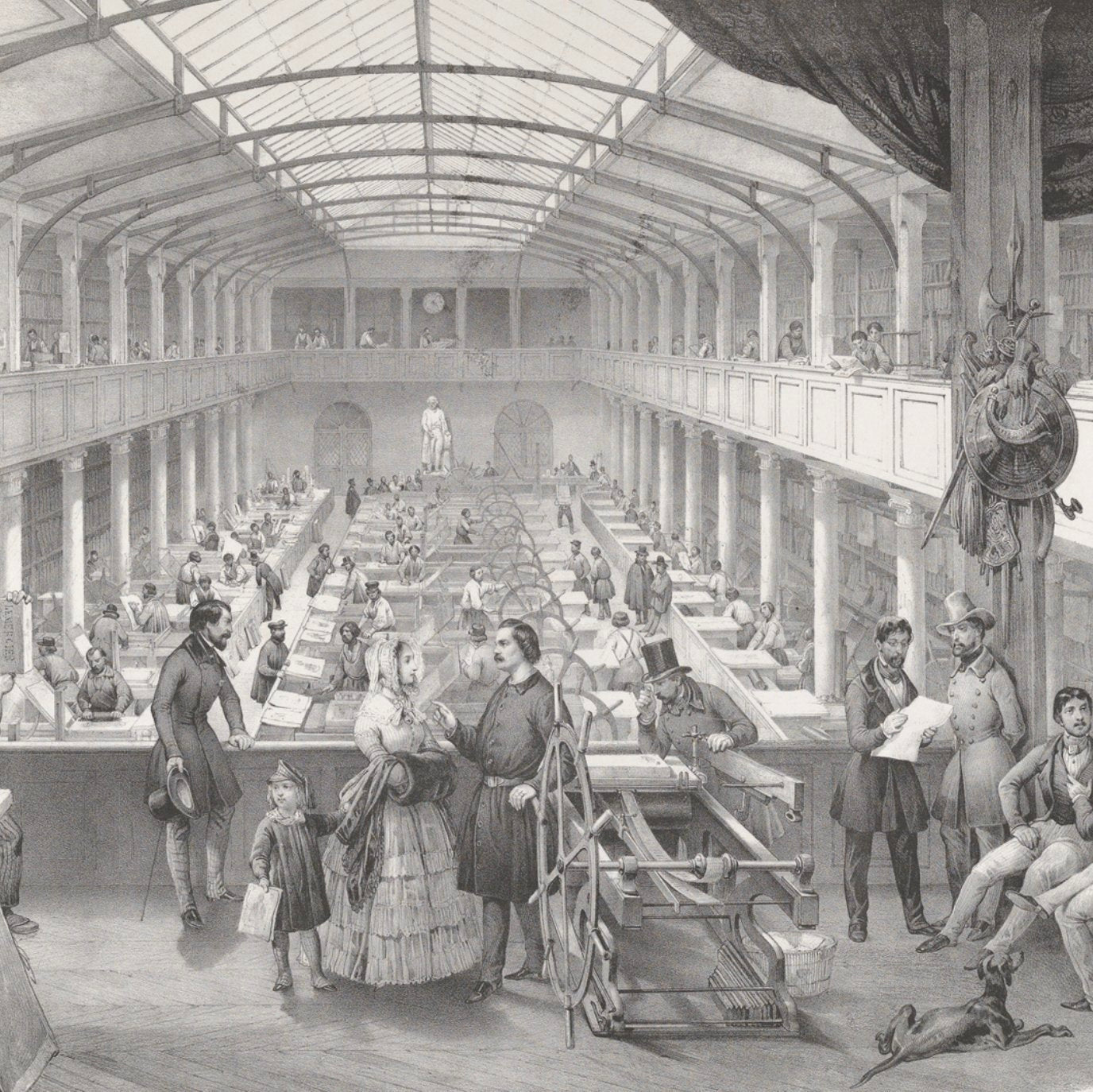 Engraving print in black and white of a printing shop with people, one dog and prin ting machines 