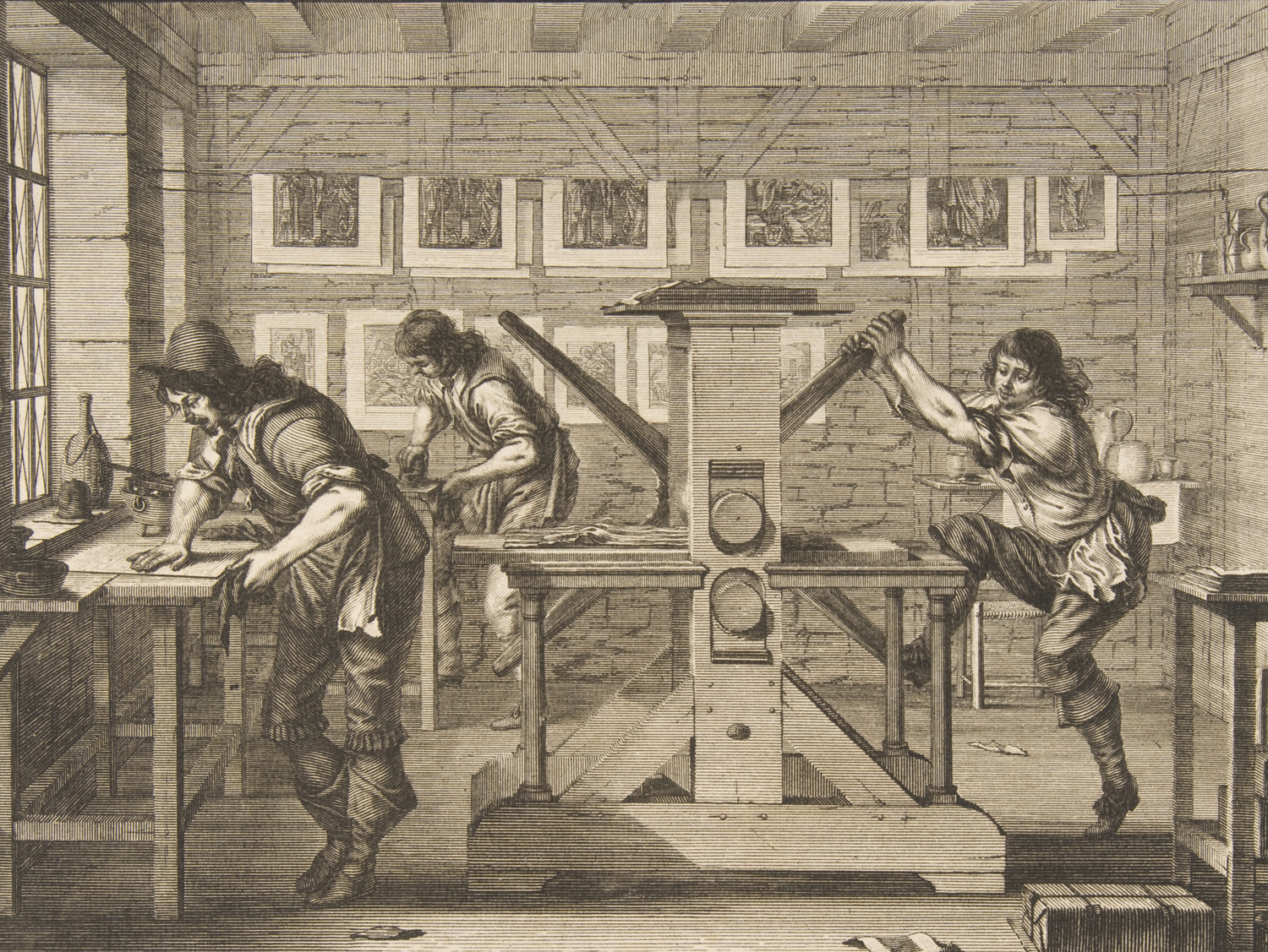 Engraving of a intaglios shop with three people working with and intaglio machine