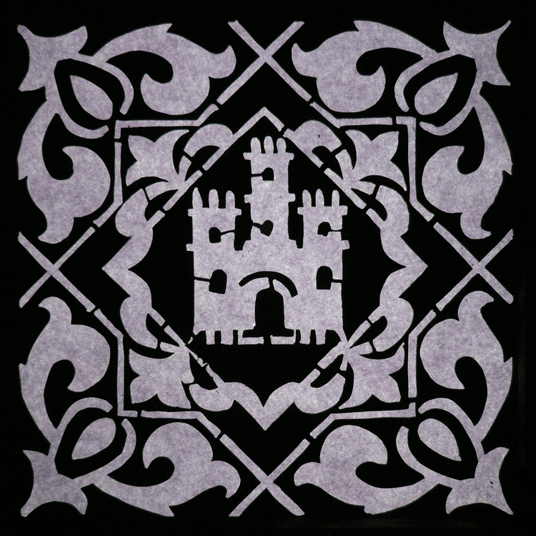 Stencil photograph in black and white of a palace design with stylised crowns