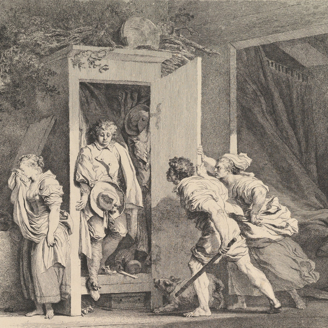 Men exiting the closet, a woman crying and two mad people 